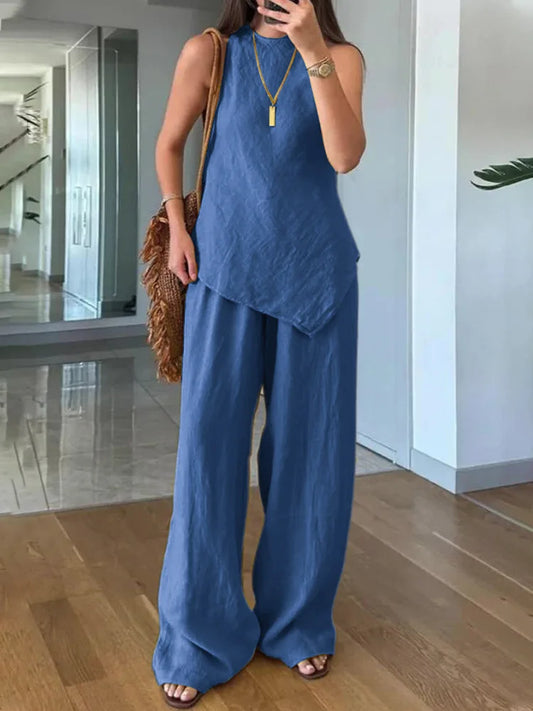 Casual Cotton Linen 2 Piece Set Fashion Commuting Sleeveless O-neck Asymmetric Pullover Top Elastic Waist Trousers Set For Women