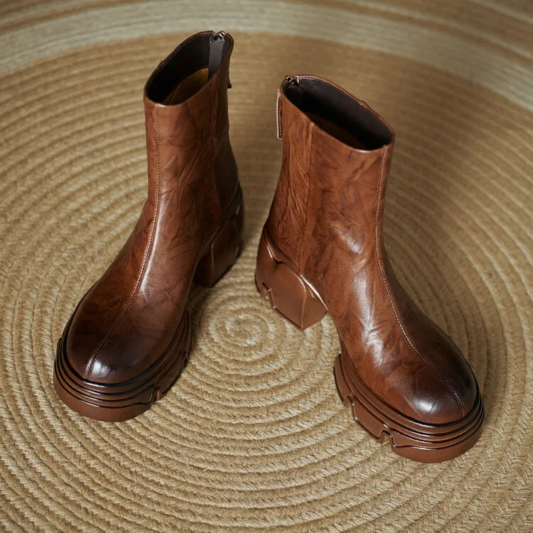 NEW Autumn Women Boots Genuine Leather Shoes for Women Round Toe Chunky Heel Shoes Concise Zip Platform Boots Soft Daily Shoes