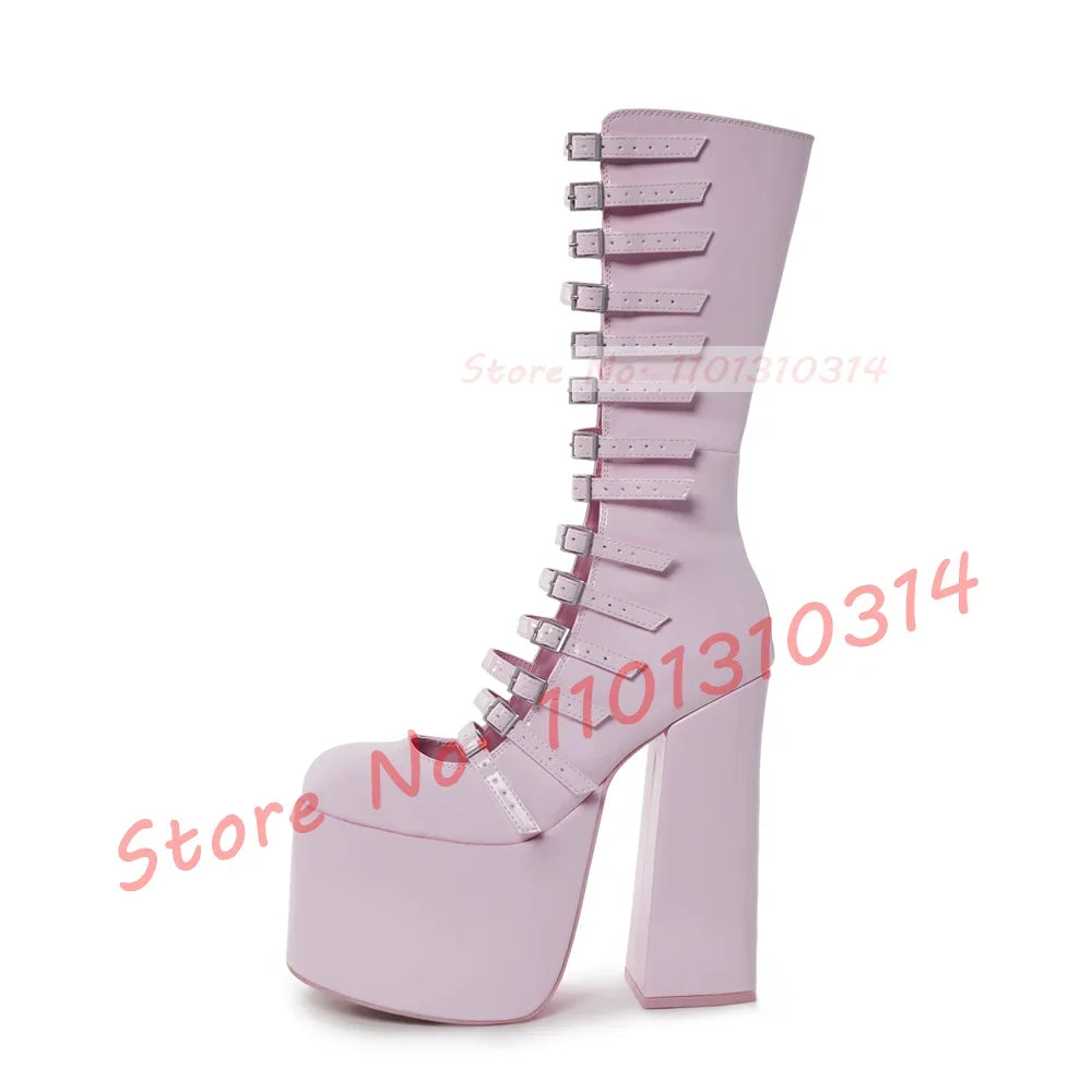 Blue Strappy Platform Mid Calf Boots Women Spring Crocodile Print Round Toe Boots Ladies 14 Buckle Straps Chunky High Heel Shoes