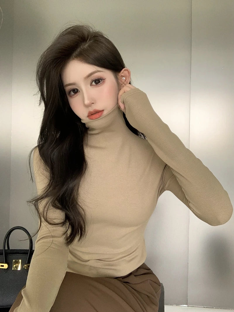 Warm Fce Lined High Collar Long Sve Base irt Women's Faionable Retro Versatile High Ne Base irt Trendy Commute ...