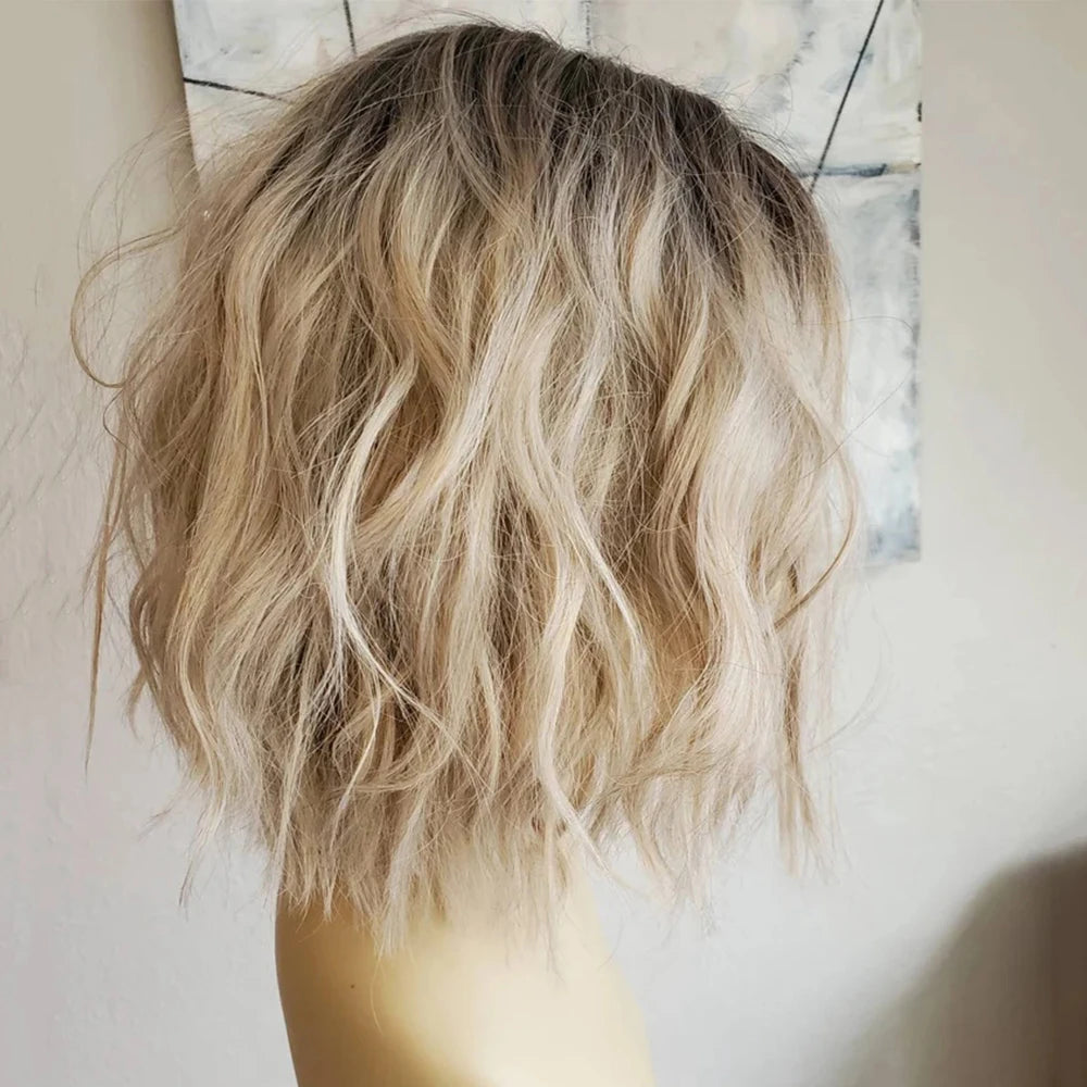 Rooted Blonde Bob Wig with Bangs Heat Resistant Fiber Highlighted Fringe Wavy Wig Synthetic Lace Front Wig for Women Daily Use
