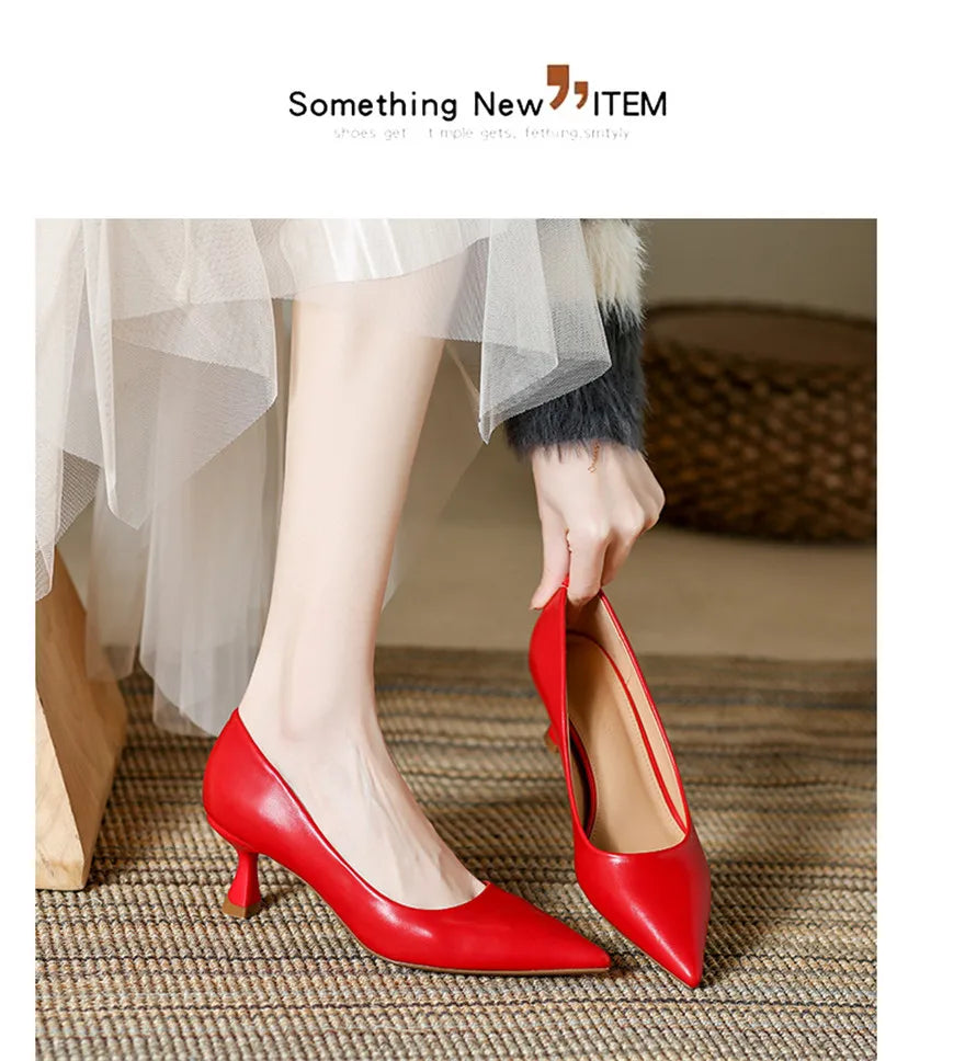 Soft Leather Concise Ladies Office Shoes 2026 Spring Shallow Comfort 6.0cm High Heels Women Pumps Dress Pointy Toe Wedding Shoes
