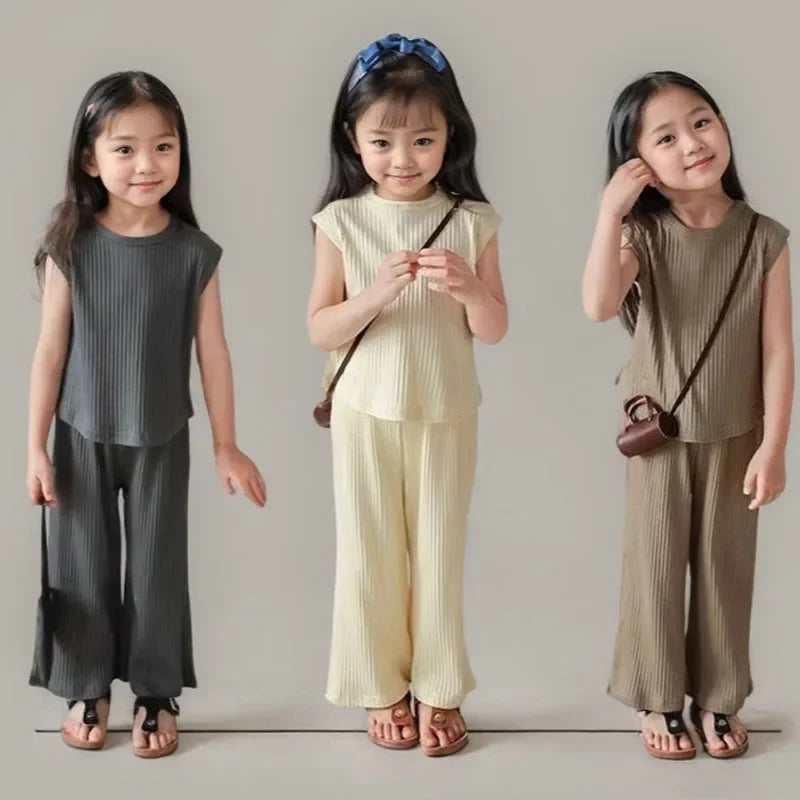 1pcs Summer Children's Clothing Sets Girls Kids Toddler Clothes Solid Color T-shirt Tank Top +Length Pants  Baby Girl Clothes