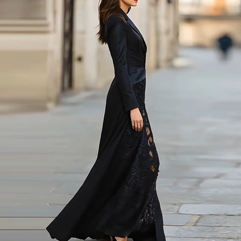 Autumn Women's Lapel Button Top and Skirt Two Piece Set Lace Patchwork Slim Fit Party Suit Elegant Solid Formal Occasion Outfit