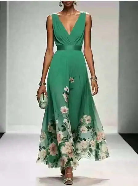 New Fashion Party Dresses Summer Women's Sexy Deep V Neck Floral Print Ruffle Sleeveless High Waist A Line Beach Dress Vestidos