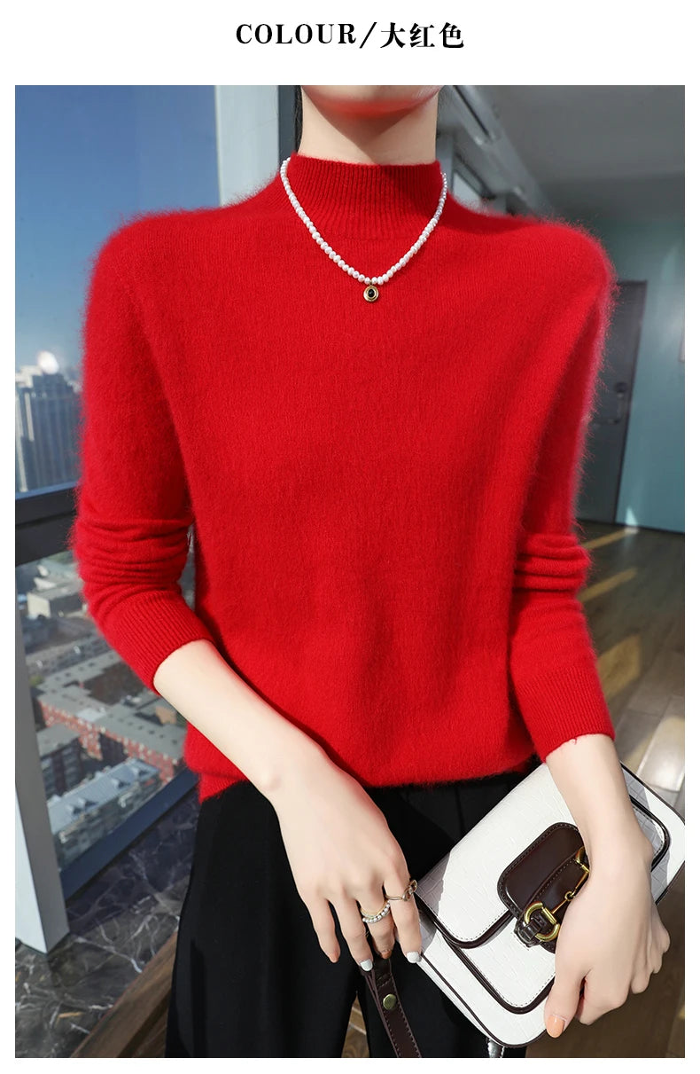 2024 Autumn And Winter New Women's Semi High Neck New Fashion Mink Sweater Long Sleeved Loose Sweater Slimming Knit Sweater Base