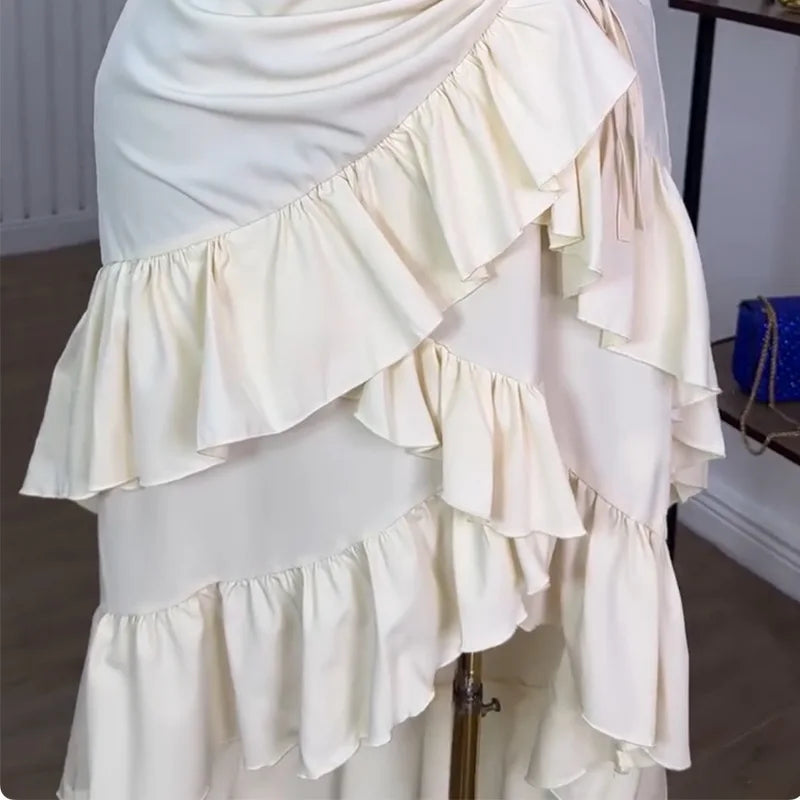 2025 Summer Women's Long Skirt with Strap and Ruffle Hem, High Waist Slimming Dress