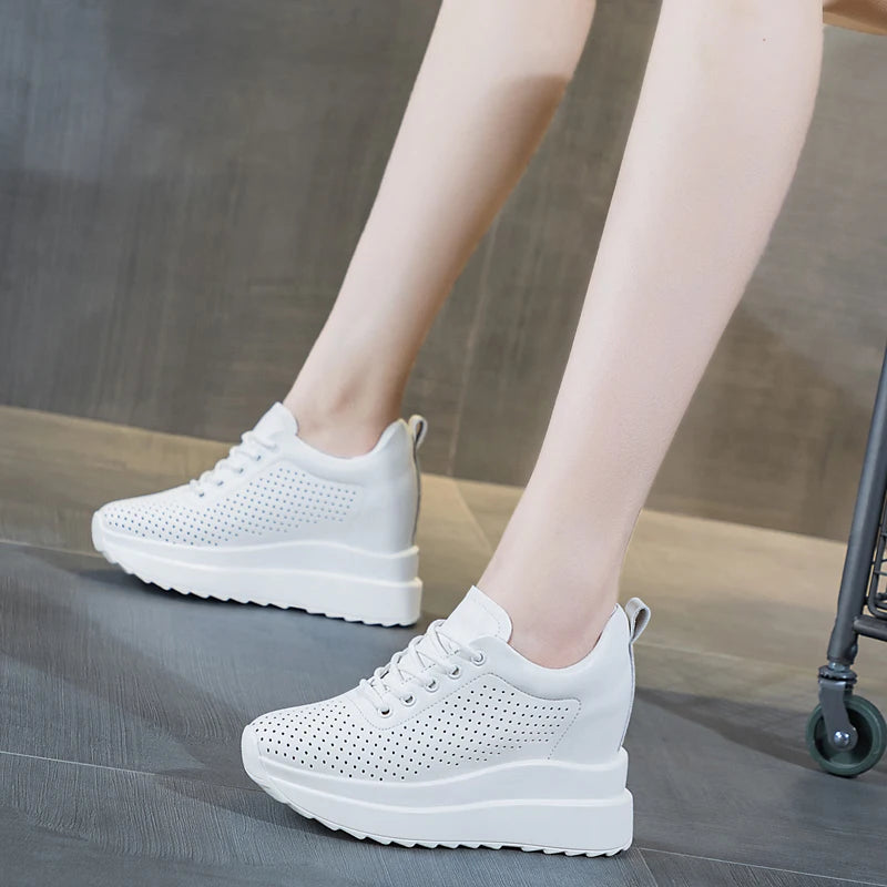 10cm Genuine Leather Women Vulcanize Women Summer Hidden High Heels Platform Wedge Spring Autumn Chunky Sneakers Shoes