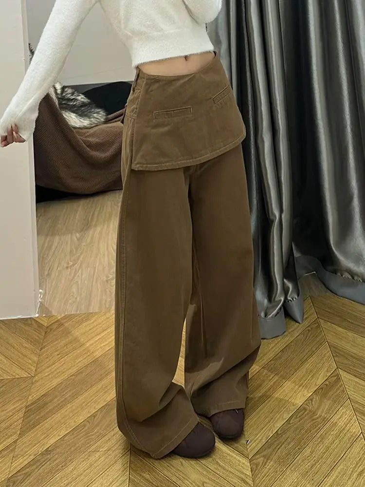 Design Sense Splicing Stacked Skirt Pants Retro Fake Two-piece Floor-mopping Trousers