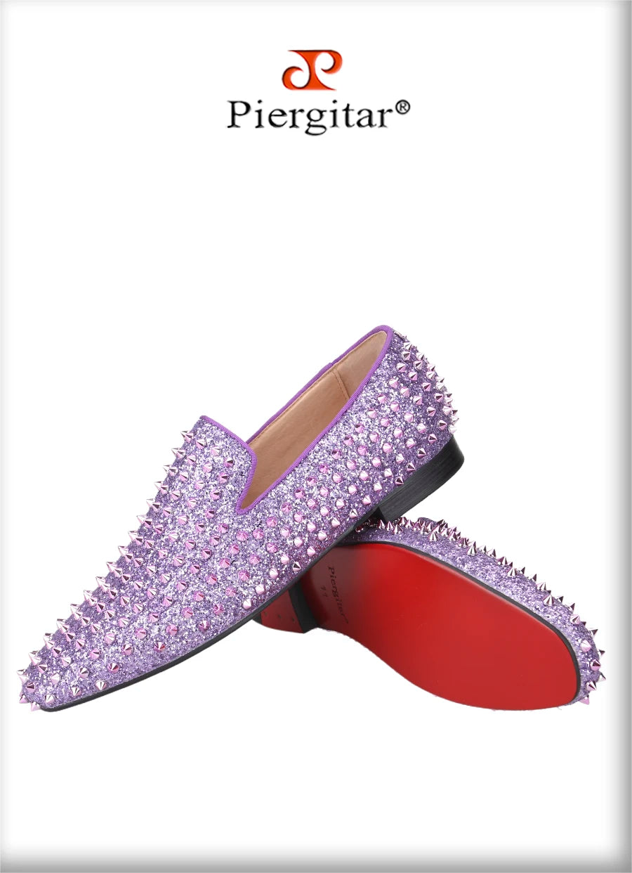 Piergitar Handmade Purple Spikes Men's Loafers For Party and Banquet Wear CL Same Classic Model Red Outsole Slip-On Flats