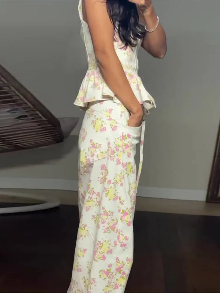 Floral Printed Women Long Pants Set Elegant Sleeveless Backless Vest Wide Leg Trousers Chic Holiday Vacation Lady Summer Outfits BAZAARHUBO