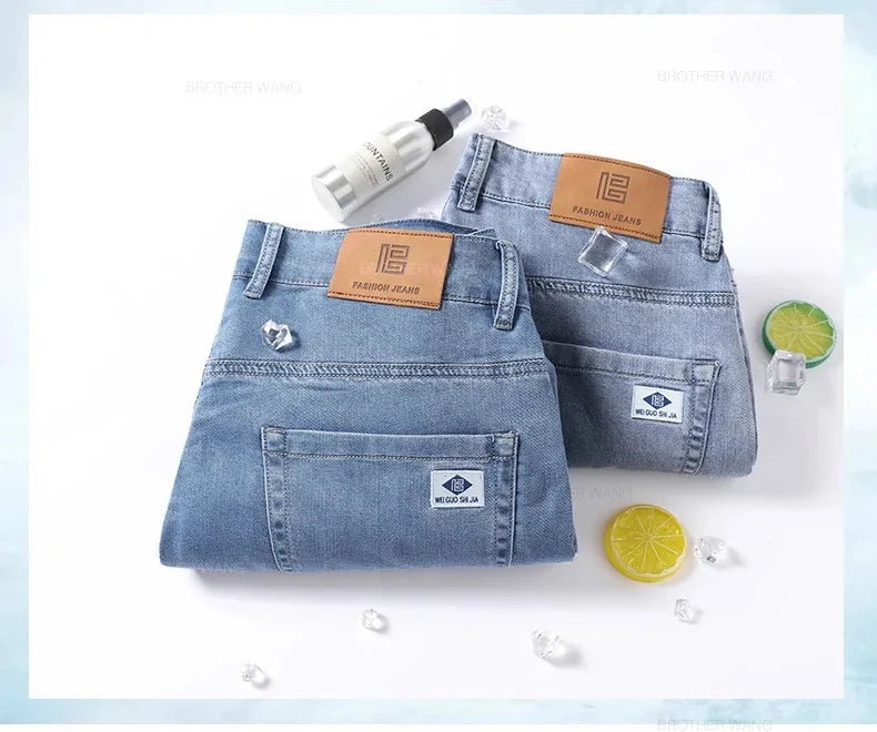 Lyocell Ice Silk Jeans Men's Summer Ultra-thin Loose Straight Denim Pants Soft Comfortable Brand Male Light Blue Trousers