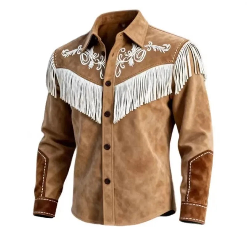 New Men's Tassel Fur Jacket, Western Denim Long Sleeved Jacket, Motorcycle Style Fashionable Patchwork Lapel Top, European Sizes
