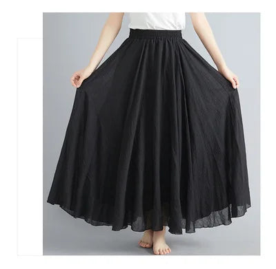 New 2020 Women Linen Cotton Long Elastic Waist Pleated Maxi Skirt Beach Vintage