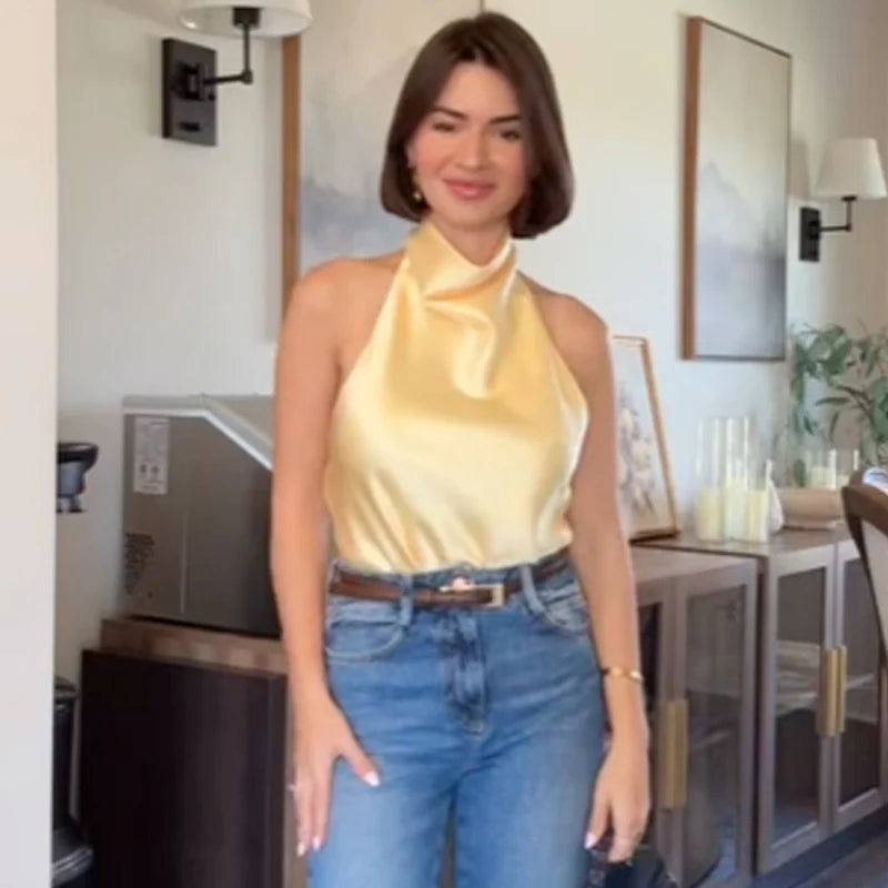 HXAO Satin Halter Top Women Summer 2025 Black Yellow Tanks & Camis Crop Smooth Off Shoulder Tank Top Sleeveless Backless Vests