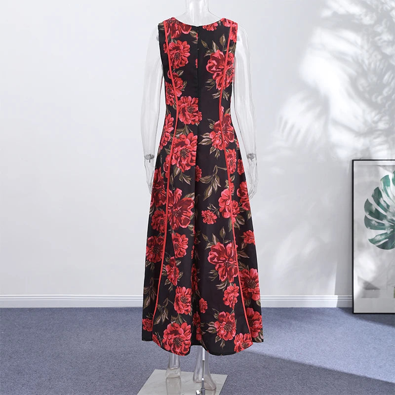 Sexy Printed Flower Long Women's Dress Sleeveless Waist-Closed Slash Neck Lady Dresses Summer Sling Vacation Holiday Robe