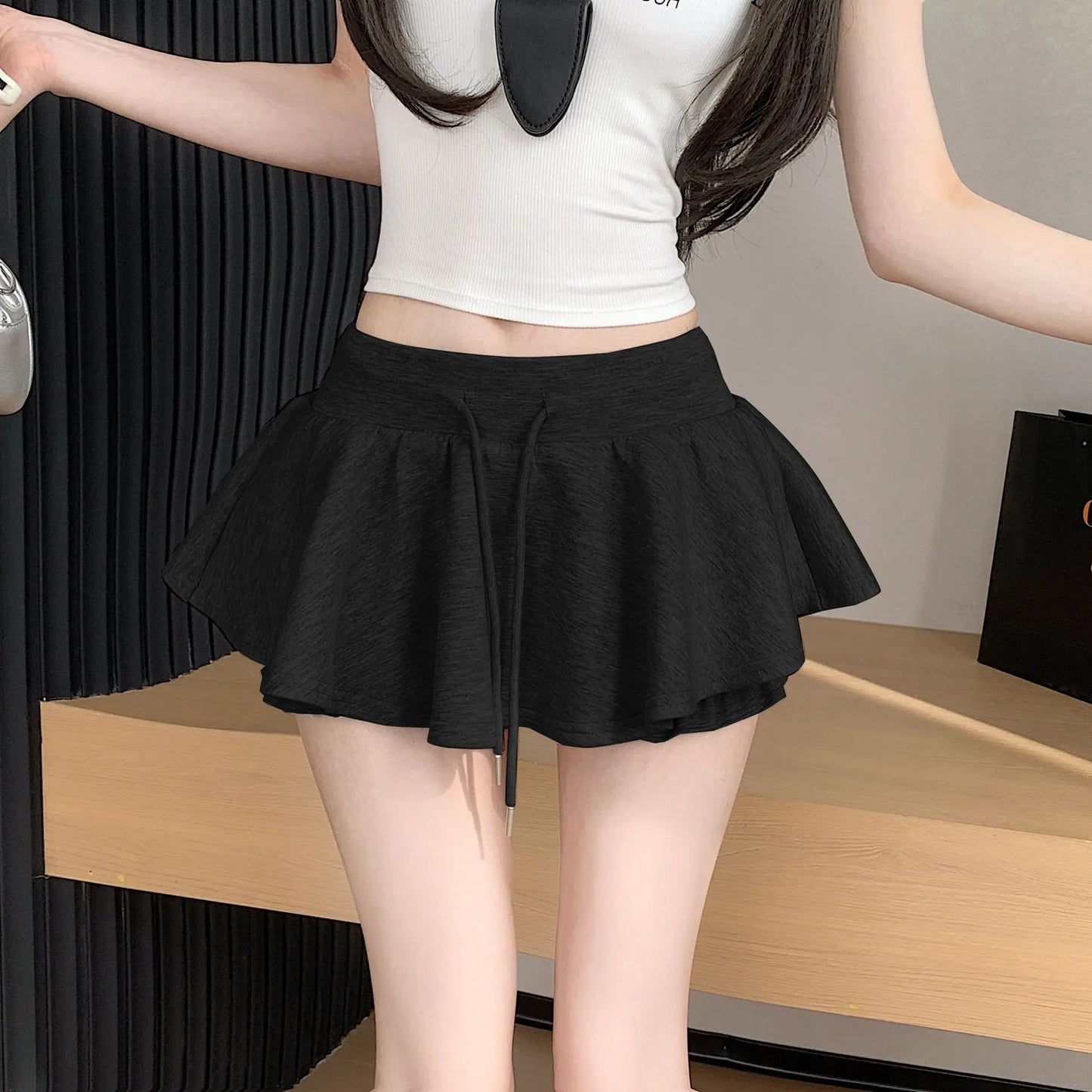 Solid Color Drawstring Half Body Skirt Pants, Spicy Girl Pure Desire, Casual Sports Short Skirt Pants, High Waist