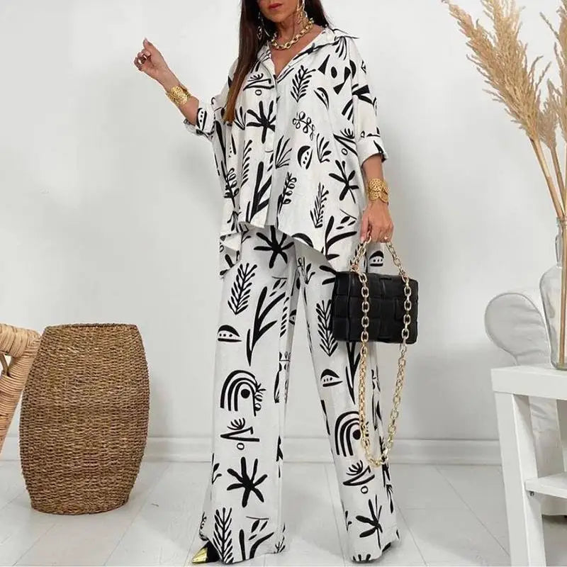 Summer Fashion New Printed Women's Set Printed Pattern Flip Collar Open Single Breasted Top Wide Leg Pants Elegant Two Piece Set
