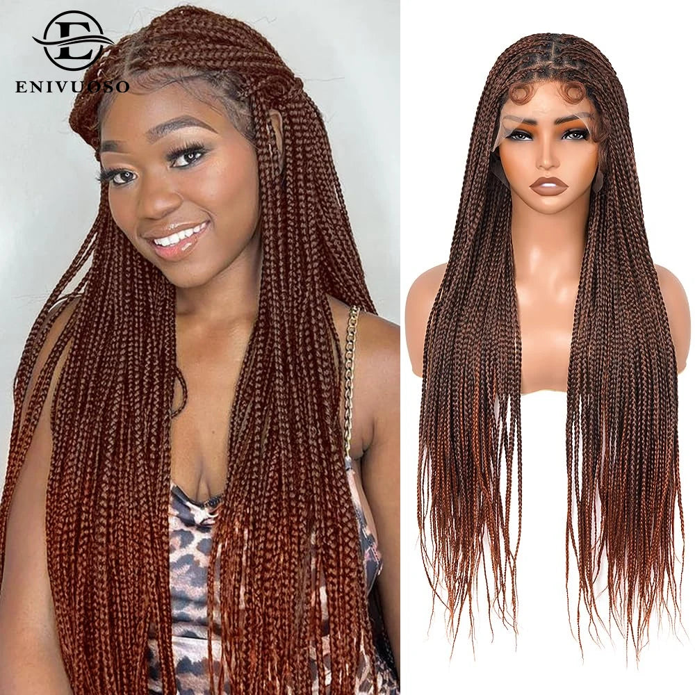 Small Square Knotless Box Braided Synthetic Wig 1BT30 Brown 30 Inch Full Double Lace Front Braided Wigs with Baby Hair For Women