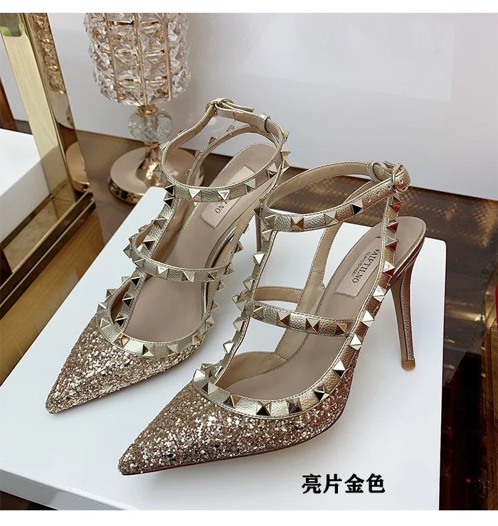 Nude Women's Gladiator sandals Summer 2025 Luxury With Ankle Strap Pointed Toe Fashion Rivet High Heels Party Ladies Shoes Women
