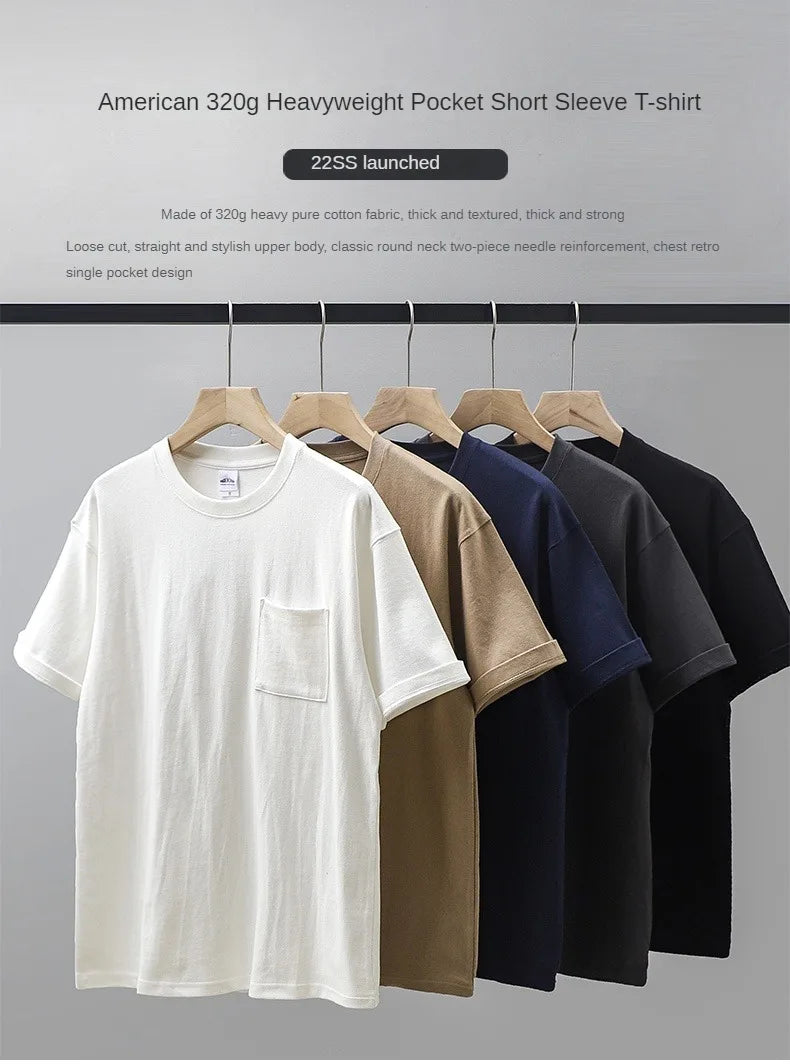 Dukeen 320gsm Heavy Short-Sleeved T-Shirt Men's Summer Vintage Half-Sleeve Pure Cotton Tees White Tops for Unisex