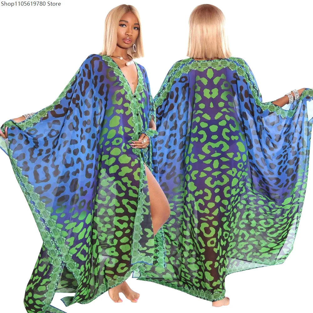 African Dresses for Women See-Through Chiffon Sexy V-neck Bohemian Printing Maxi Dresses Africa Kimono Bikini Holiday Beachwear