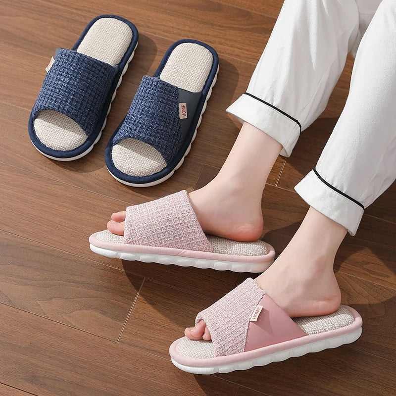 Couples Home Linen Slippers Women Indoor Soft Comfortable Bedroom Slides Men Leisure Non Slip House Shoes Platform Cotton Flats