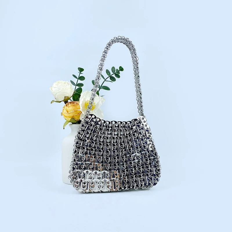 Shiny vintage iron sheet bag, hand-woven silver sequins, metal dumpling bag, mobile phone bag, handbag, shoulder bag