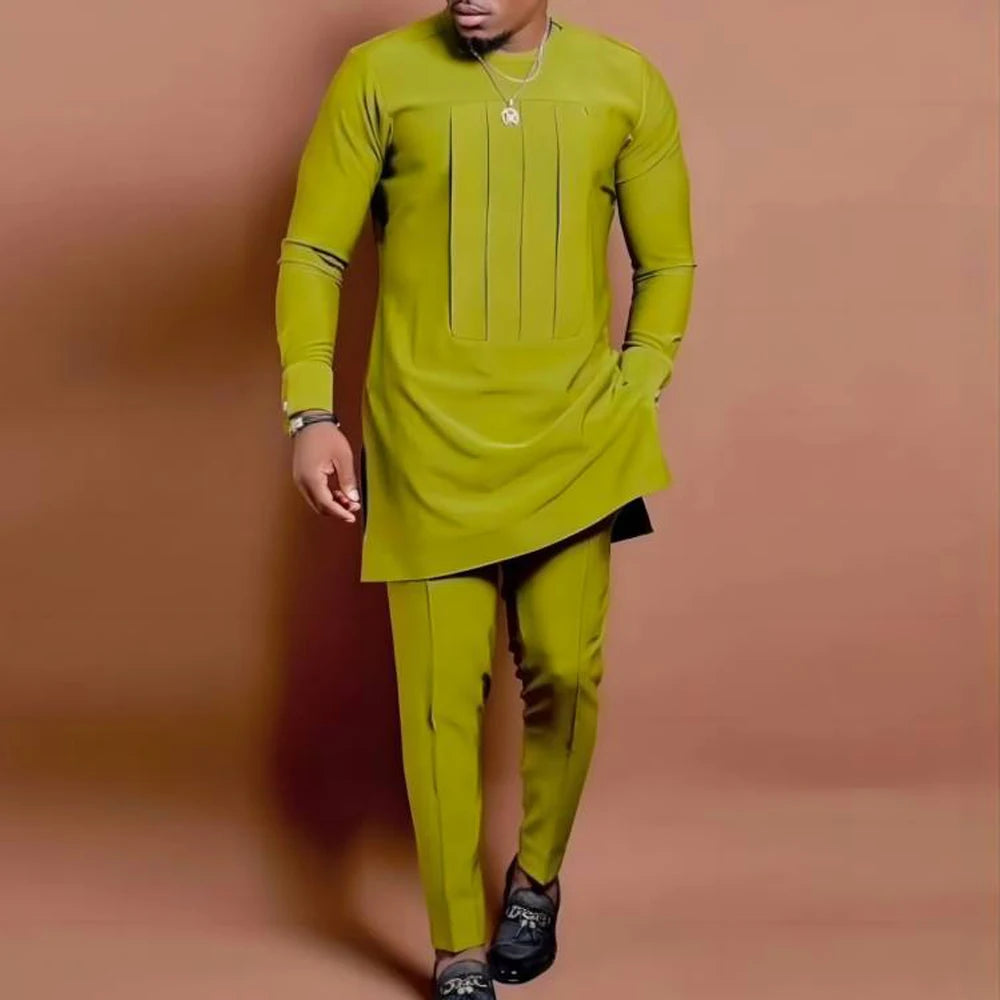African Traditional Man Outfit Men 2PCS Suits Long-sleeved Round Neck Male Sets Shirt Top Pant Ethnic Style Casual Wear clothing