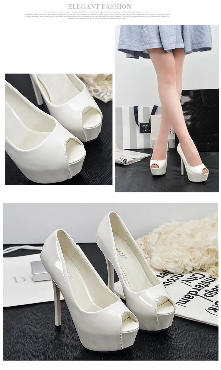 Women Pumps Sexy Platform Peep Toe Shoes 14cm Thin High Heels Stiletto Patent Leather Fashion Party Nighclub Wedding Dress Shoes