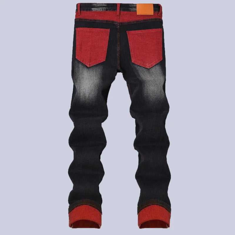 Men's Elastic Patch Style Jeans Black Red Design Slimming Men's Clothing Cozy Denim Pants Personalized Hip Hop Trend Trousers