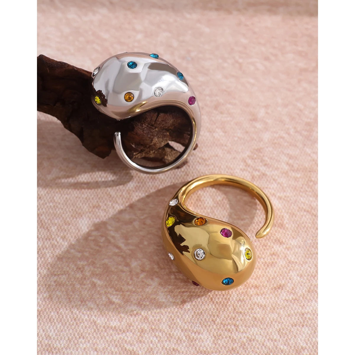 YACHAN 18K Gold Plated Glossy Chunky Stainless Steel Rings for Women Chic Colorful Crystal Statement Jewelry