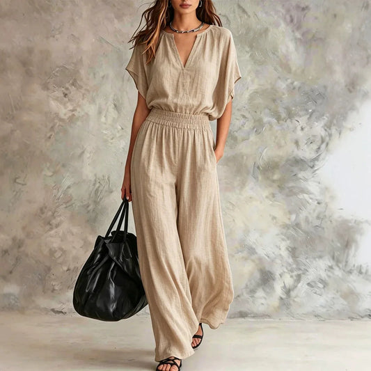 Women Casual Cotton Linen 2 Piece Outfit Summer Loose V Neck Short Sleeve Top Elastic High Waist Wide Leg Pants Set With Pockets