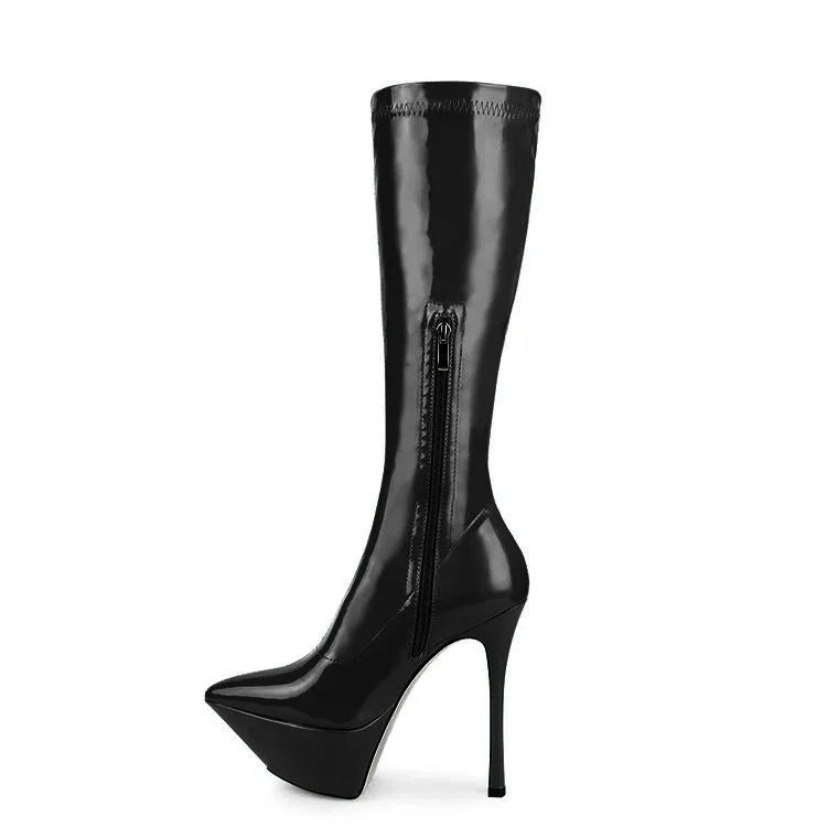 New Women Knee High Boots Patent Leather Pointed 15cm High Heels Winter Short Plush Waterproof Platform Girl Boots Large 34-45