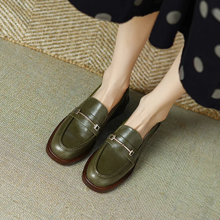 Ochanmeb Natural Leather Loafers Flat Shoes Women Brand Metal Chain Round Toe Slip-ons Flats Ladies Casual Creepers Moccasins 40