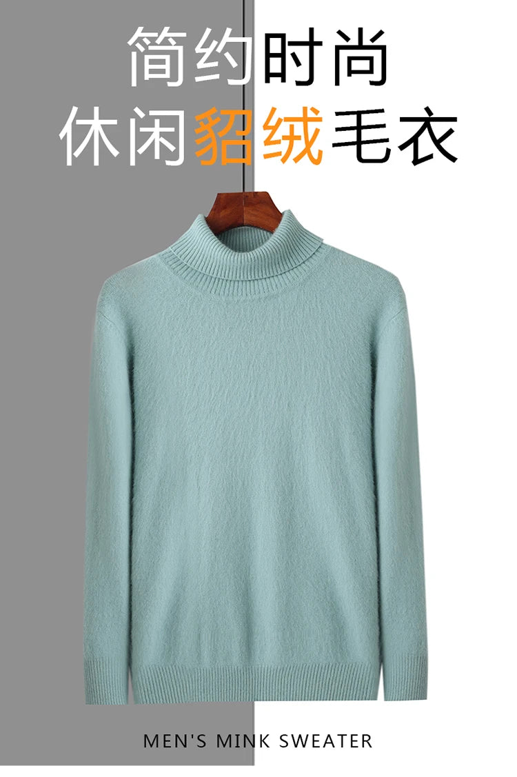 Men's 100% Mink Cashmere Sweater High Lapel Thick Knitted Pullover Casual Large Size Middle-Aged Sweater Autumn Winter New Tops