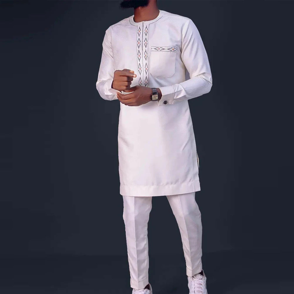 African Traditional Man Outfit Men 2PCS Suits Long-sleeved Round Neck Male Sets Shirt Top Pant Ethnic Style Casual Wear clothing