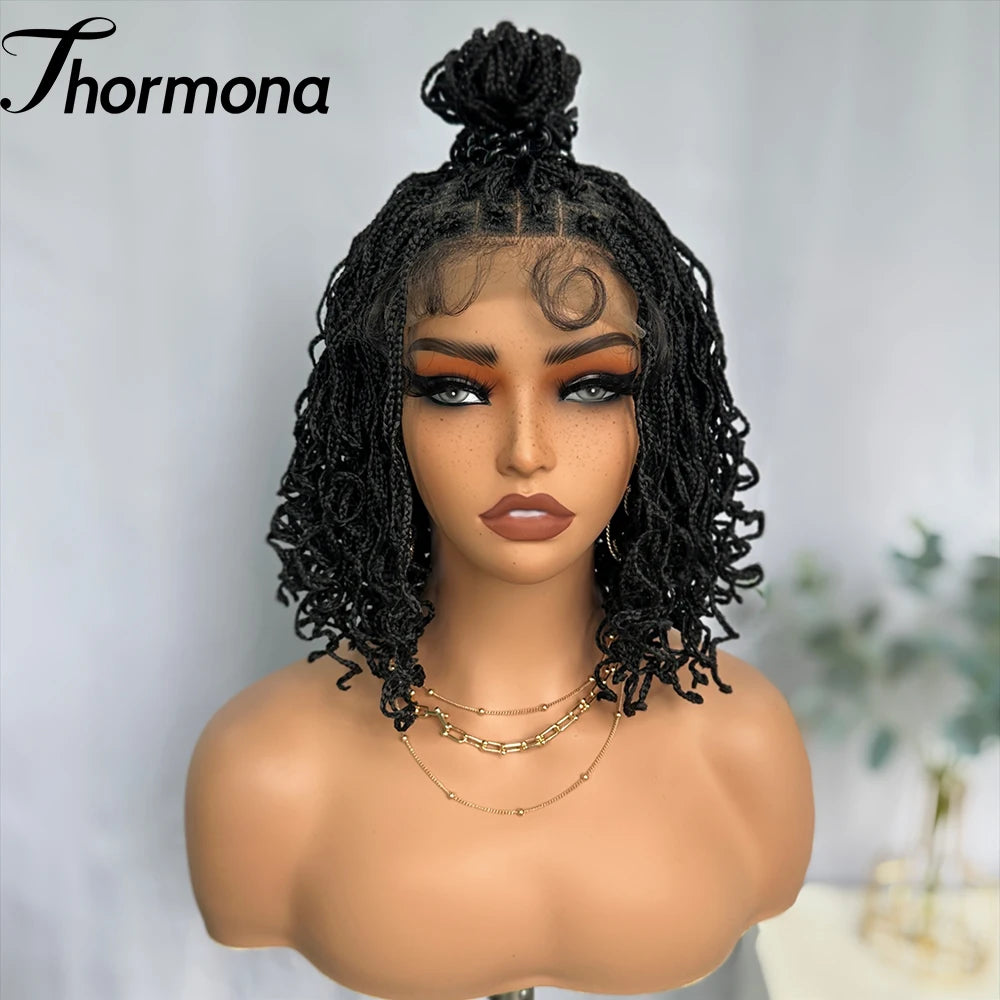 Synthetic Full Lace Front Braid Wig 14inch Curly Faux Locs Black Color Large Parting Space Twist Dreadlock Wigs for Black Women