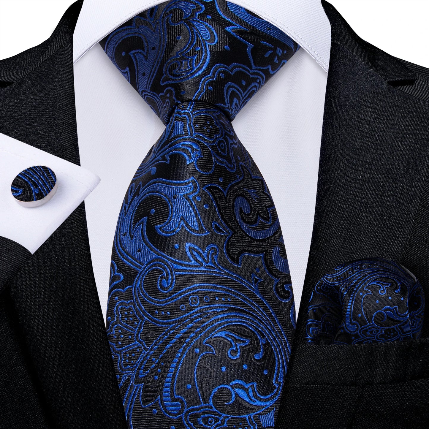 Royal Blue Paisley Plaid Striped Men tie Set with Handkerchief Cufflinks Wedding Prom Groom Accessories Perfect Gift for Men BAZAARHUBO