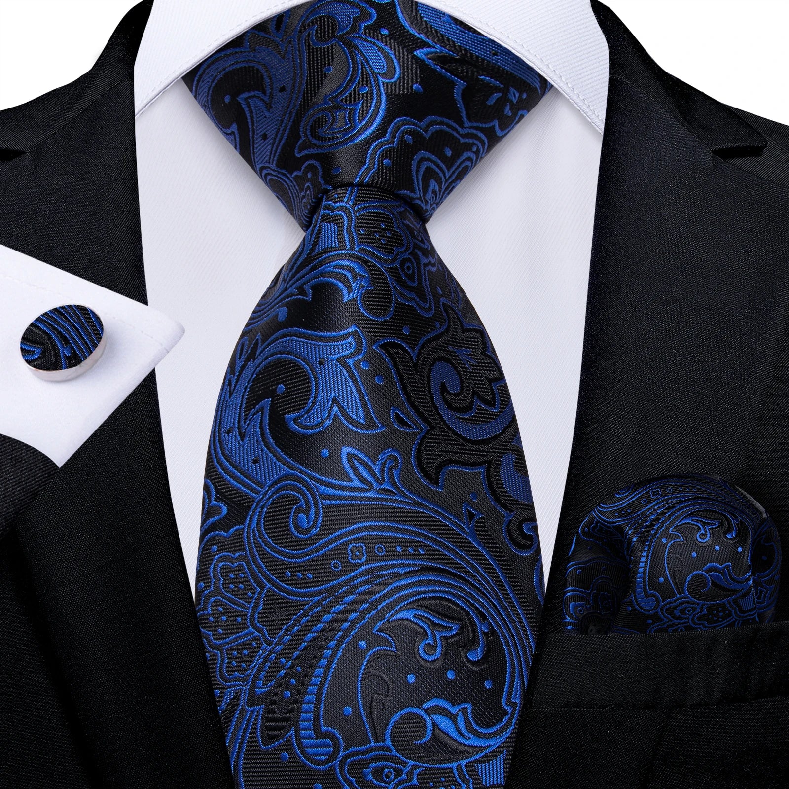 Royal Blue Paisley Plaid Striped Men tie Set with Handkerchief Cufflinks Wedding Prom Groom Accessories Perfect Gift for Men BAZAARHUBO