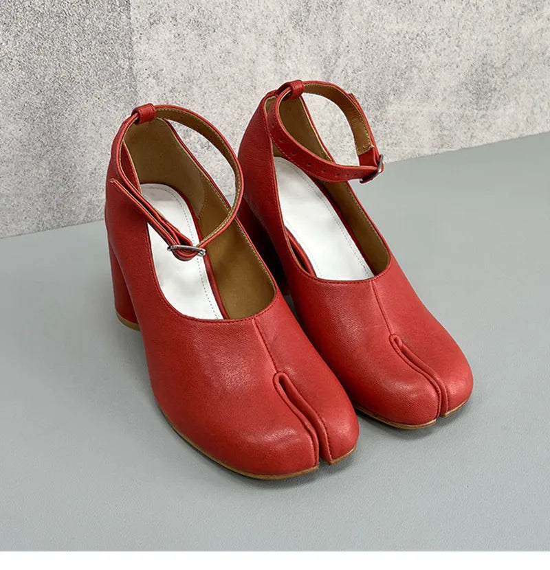 Ins style Vintage Soft Leather Split Toe Tabi Women Pumps Fashion Ankle Strap Thick High heels Spring Autumn Casual Chunky Shoes