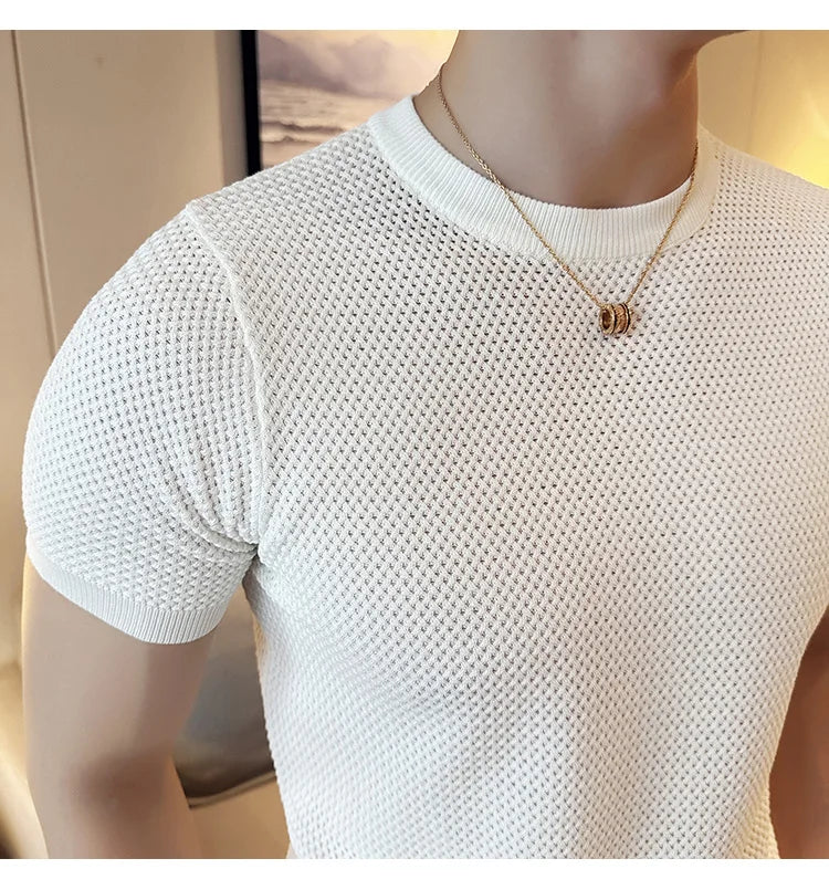 Summer Breathable T-Shirts For Men Korean Luxury Clothing O-Neck Short Sleeve Knitted Men's T Shirt Fashion Hollow Tops&Tees 3XL