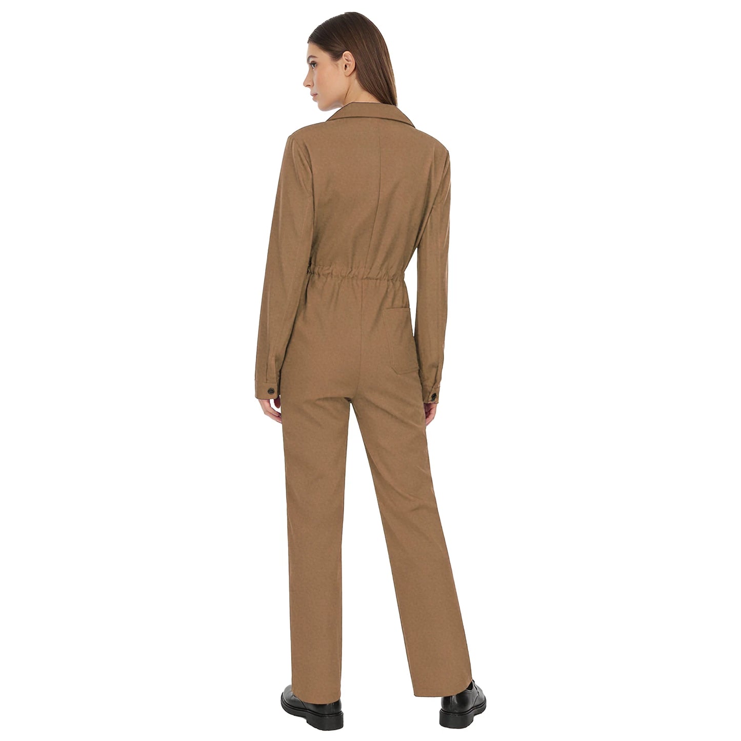 Womens Coverall Solid Color Turn-Down Collar Long Sleeve Button Jumpsuit Mechanic Work Overalls Fashion Casual Cargo Rompers