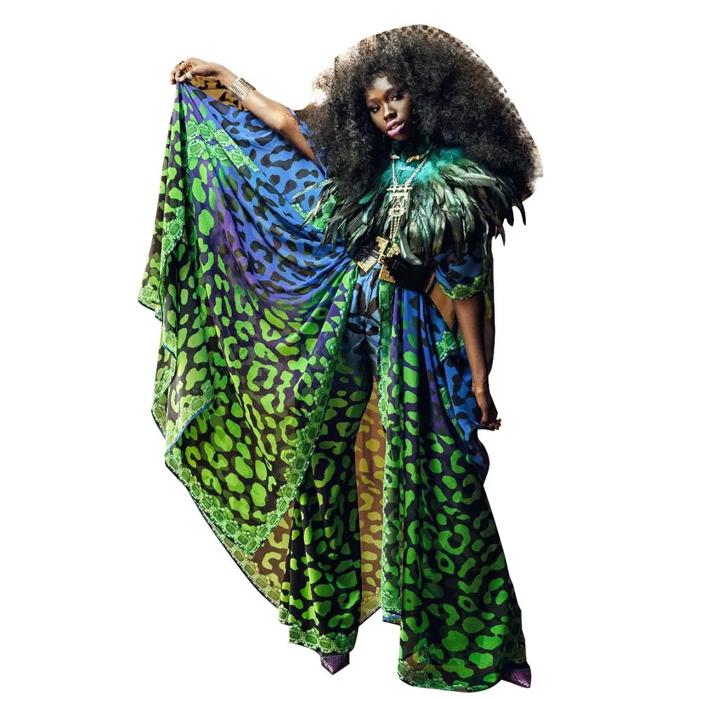 African Dresses for Women See-Through Chiffon Sexy V-neck Bohemian Printing Maxi Dresses Africa Kimono Bikini Holiday Beachwear