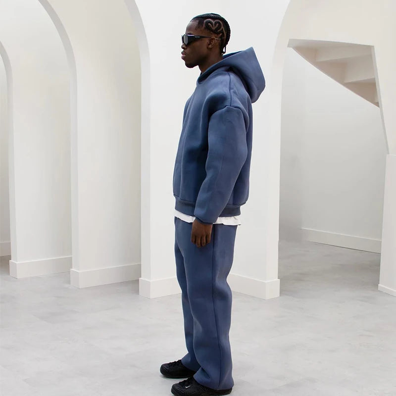 Men's Casual Solid Hooded Pullover Straight Pants 2 Piece Set Tracksuit For Fashion Loose Hoodies Sweatshirt Wide Leg Sweatpants