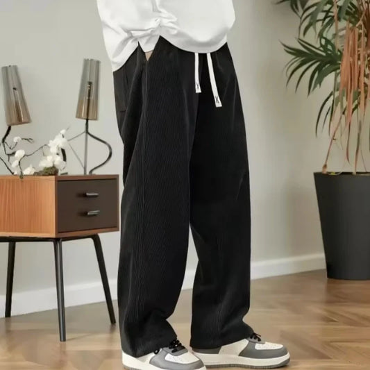 Summer Mens Corduroy Casual Pants, Loose Straight Fit Sweatpants with Elastic Waist & Drawstring, Men Outdoor Streetwear Trouser