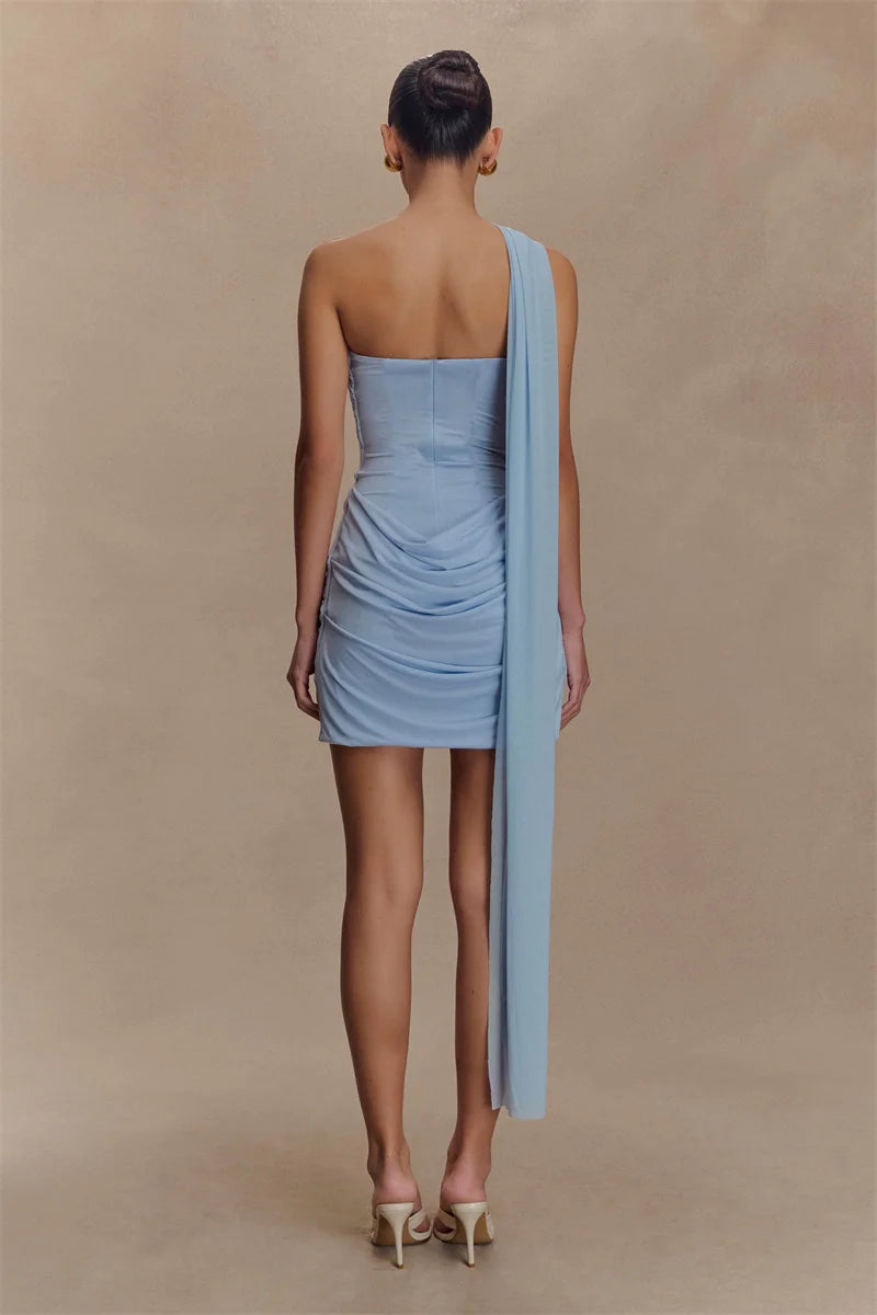Mozision One Shoulder Backless Mini Dress Women Ruched Bodycon Club Dress