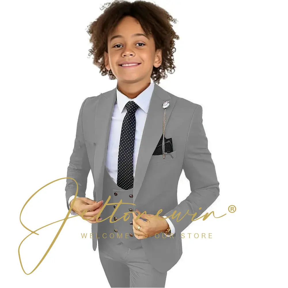 Boys Suit Peak Lapel 3 Pieces Jacket Vest Pants Black Formal Tuxedo Child Blazer Party Dress Wedding Set conjuntos de blazer