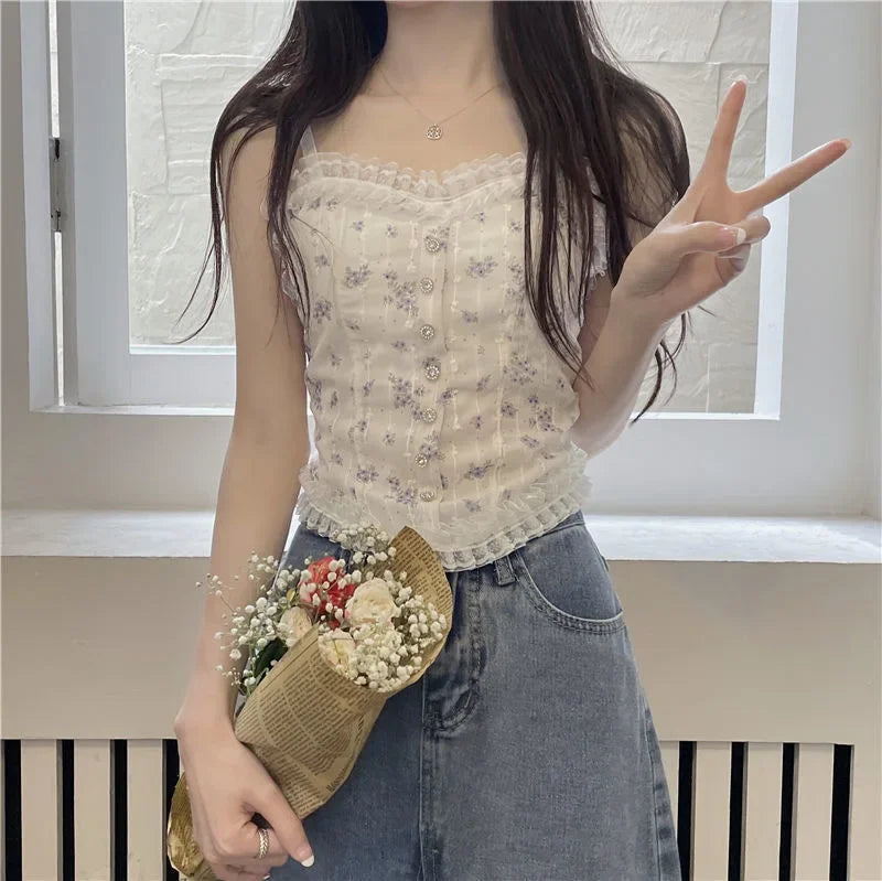 Korean Women Lace Tank Tops Back-beautiful Underwear Summer Floral Tube Tops French Wood Ear-hem Camisole ropa de mujer