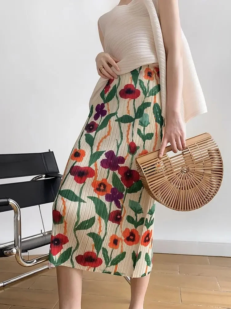 Midi Print Skirts Women Vintage Summer Holiday Back-slit Mujer Aesthetic Prairie Style Office Lady Ins Temperament Casual Daily